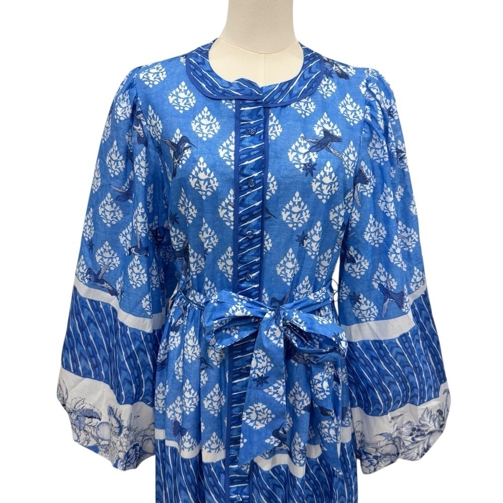 A Loves A Border Print Mandarin Collar Long Sleeve Button Front/Tie Maxi Dress - Picture 4 of 12